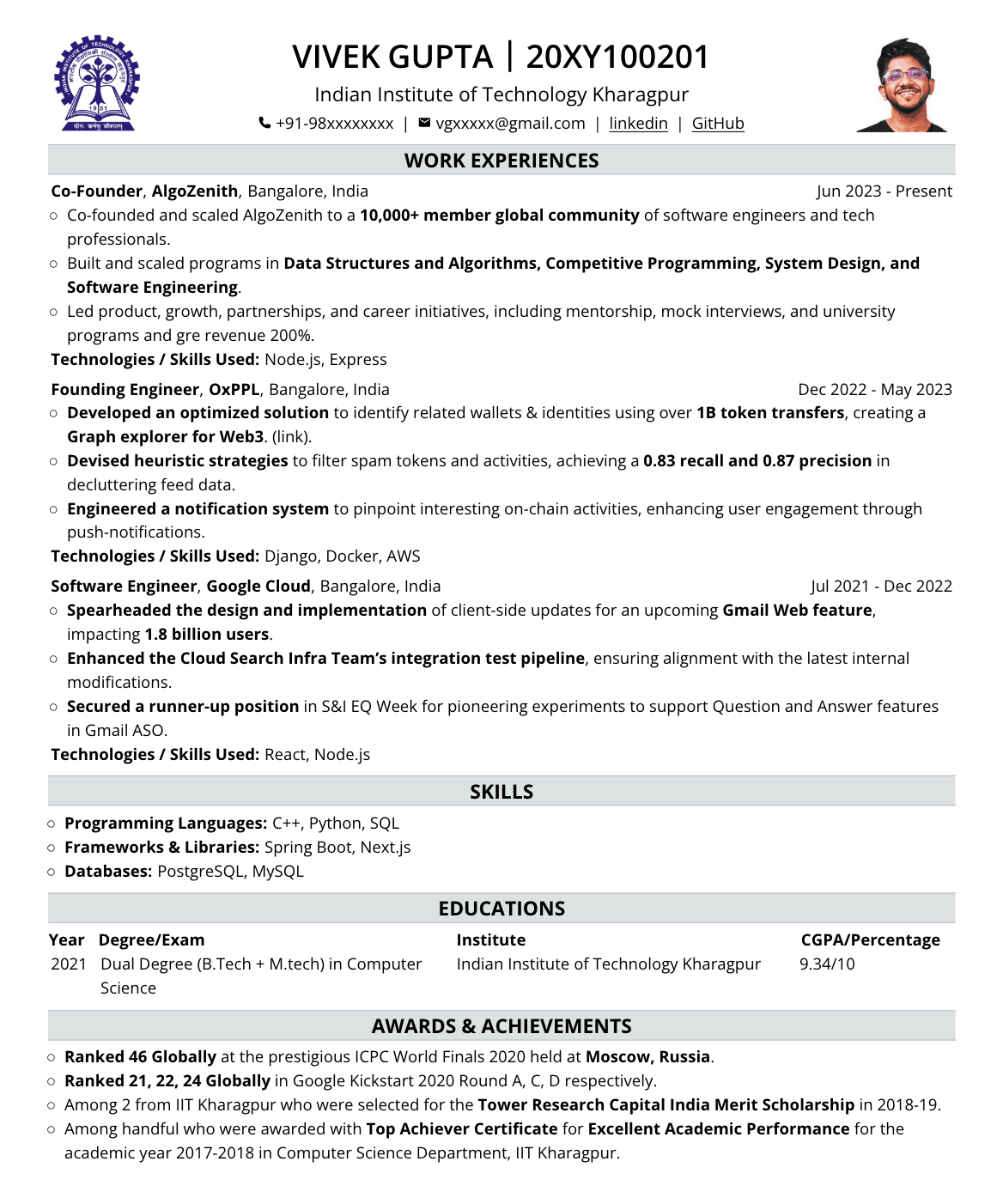 IIT KGP resume template preview: IIT Kharagpur logo header with name, roll number and photo, education table, Internships and Projects, Skills and Expertise, Coursework, Positions of Responsibility, Awards and Extra Curricular Activities