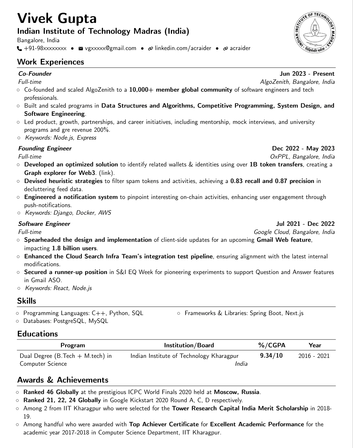 IIT Madras resume template preview: two-page IITM format with logo header, education table with CGPA, Key Projects, Course Projects, Online Courses, Industrial Training, Course Work, Technical Skills, Positions of Responsibility, Achievements and Declaration