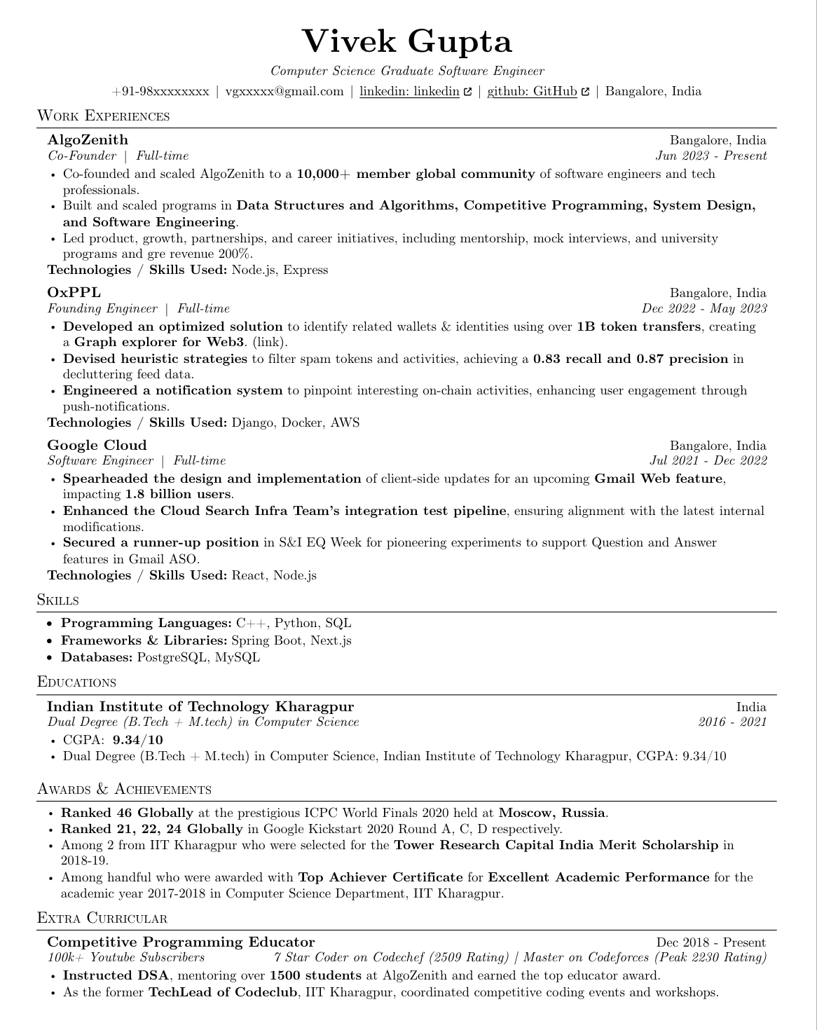 Jake's Resume template preview: one-page single-column resume with a centered header and Education, Experience, Projects and Technical Skills sections