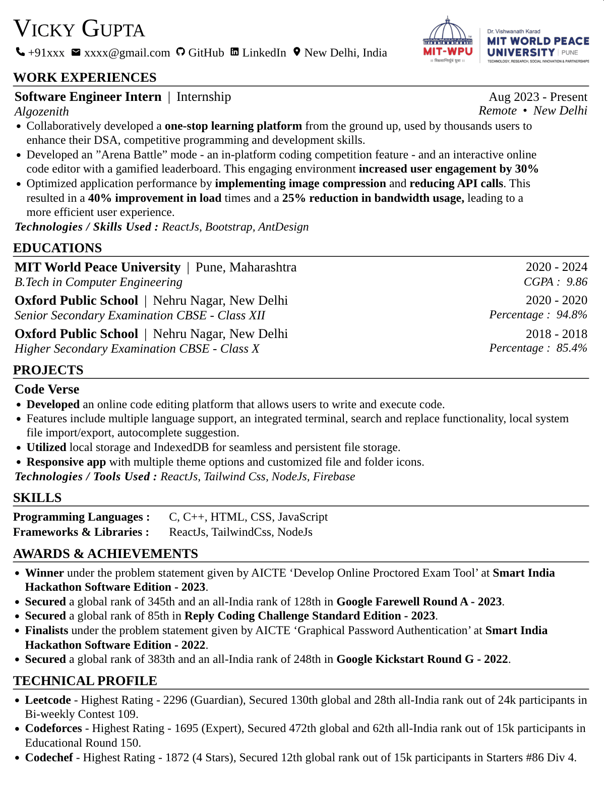 MIT-WPU Resume Template preview